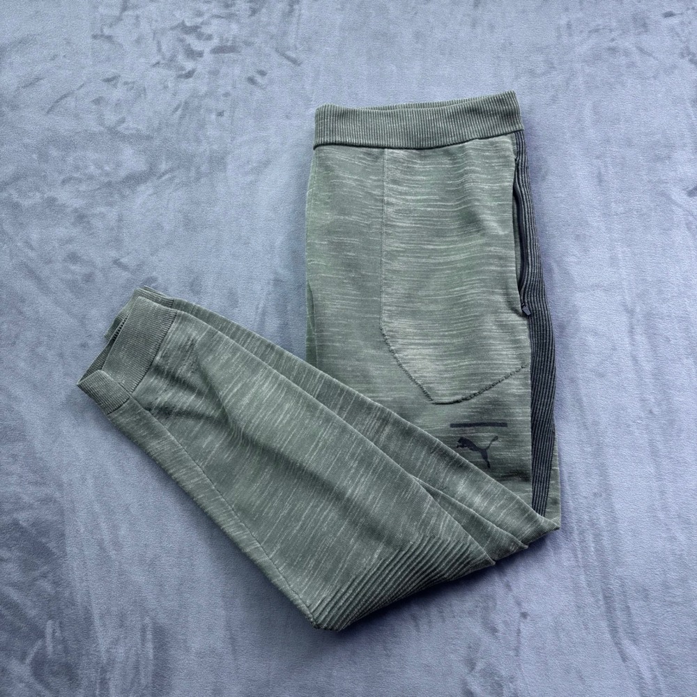 Puma Mens Joggers Green Heathered Ribbed Knee Athletic Sweatpants Size Large